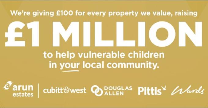 Graphic with text: We're giving £100 for every property we value, raising £1 million to help vulnerable children in your local community.