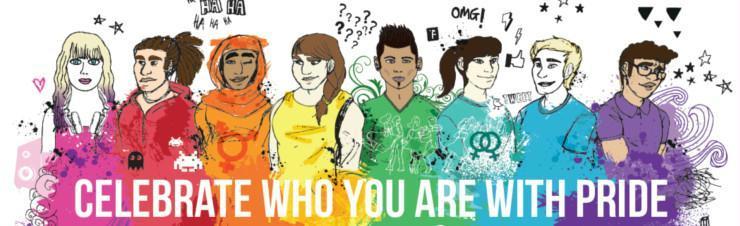 Celebrate who you are with pride slogan with colourful images of young people