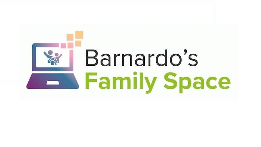 Barnardo's family space logo: a purple laptop with a family on screen waving and the words "Barnardo's Family Space"